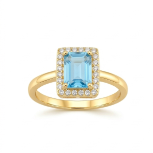 925 Sterling Silver Blue Emerald Cut Halo Ring Yellow Gold Finish Jewellery for Women - Size 8