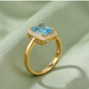 925 Sterling Silver Blue Emerald Cut Halo Ring Yellow Gold Finish Jewellery for Women - Size 8
