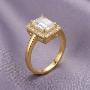 925 Sterling Silver Clear Emerald Cut Halo Ring Yellow Gold Finish Jewellery for Women - Size 9