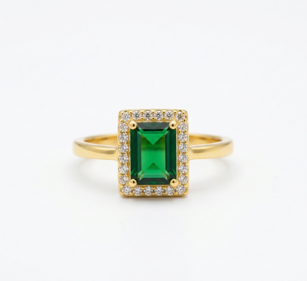 AGOR 925 Sterling Silver Green Emerald Cut Halo Ring Yellow Gold Finish Jewellery for Women - Size 8