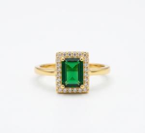 AGOR 925 Sterling Silver Green Emerald Cut Halo Ring Yellow Gold Finish Jewellery for Women - Size 8
