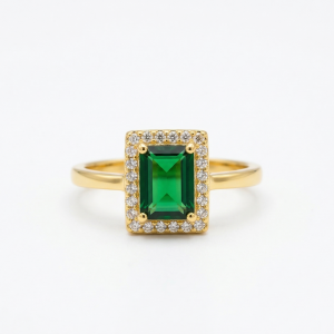 925 Sterling Silver Green Emerald Cut Halo Ring Yellow Gold Finish Jewellery for Women - Size 8