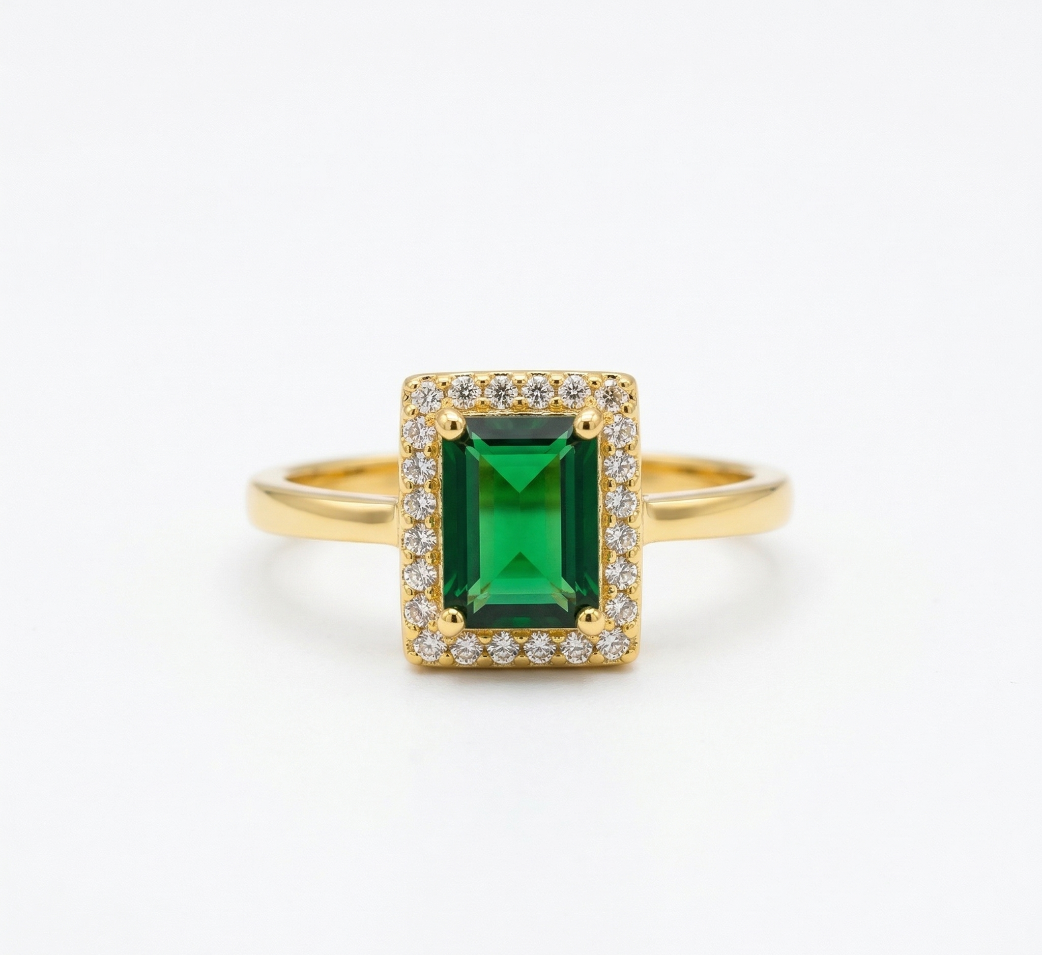 925 Sterling Silver Green Emerald Cut Halo Ring Yellow Gold Finish Jewellery for Women - Size 8