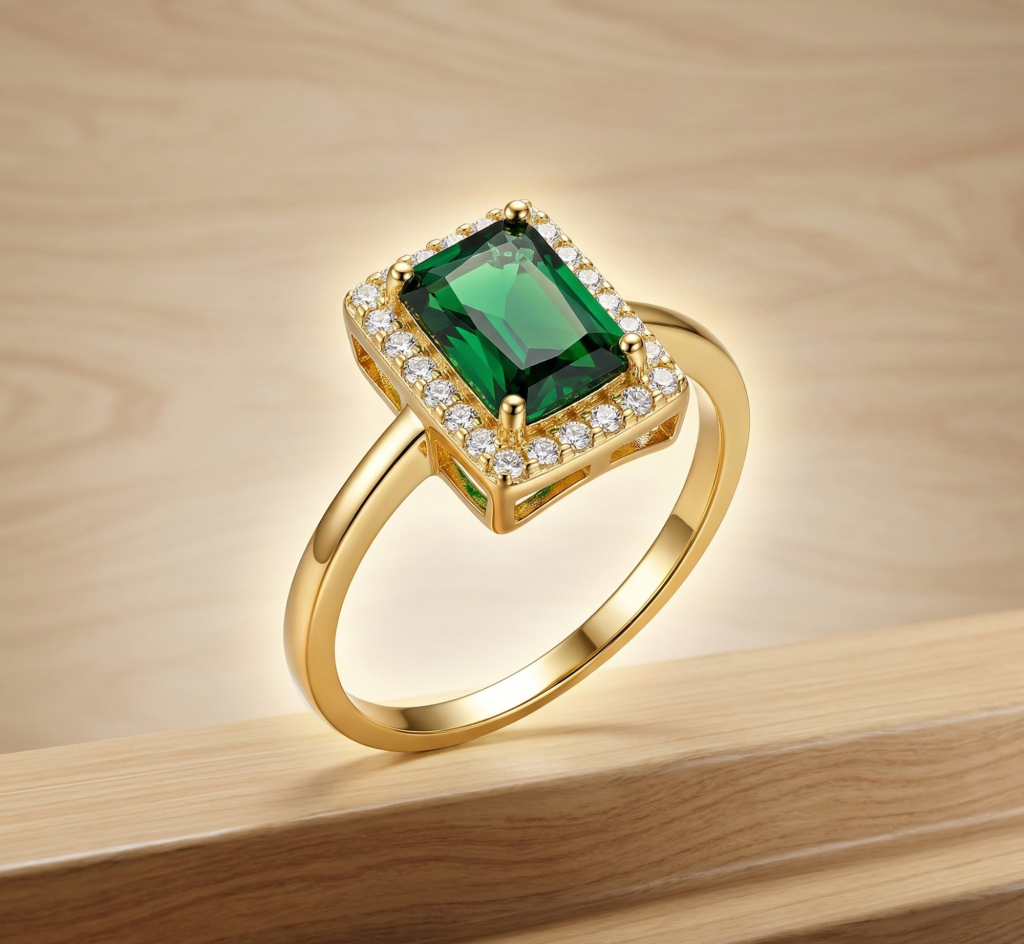 AGOR 925 Sterling Silver Green Emerald Cut Halo Ring Yellow Gold Finish Jewellery for Women - Size 8