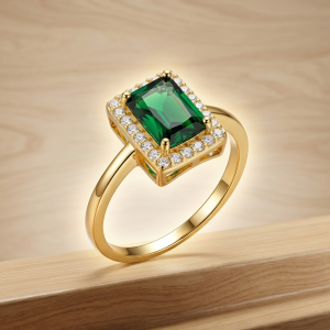 925 Sterling Silver Green Emerald Cut Halo Ring Yellow Gold Finish Jewellery for Women - Size 8