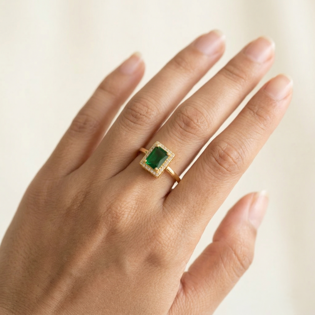 AGOR 925 Sterling Silver Green Emerald Cut Halo Ring Yellow Gold Finish Jewellery for Women - Size 8