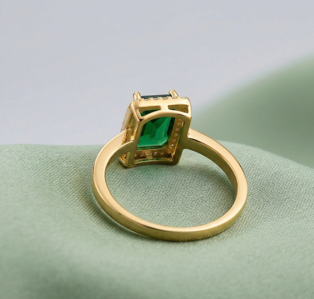 AGOR 925 Sterling Silver Green Emerald Cut Halo Ring Yellow Gold Finish Jewellery for Women - Size 8