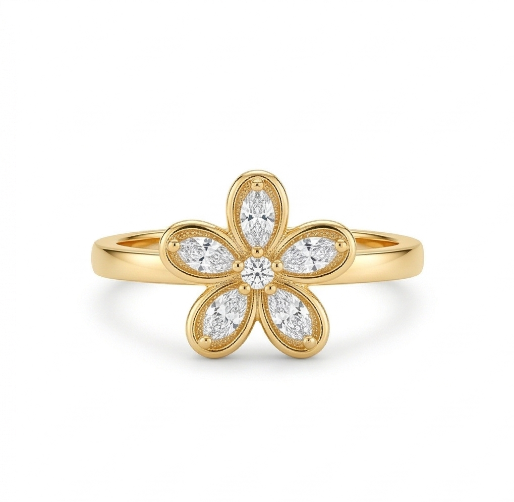 925 Sterling Silver Clear Floral Ring Yellow Gold Finish Jewellery for Women - Size 8