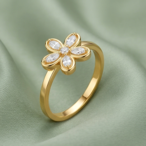 925 Sterling Silver Clear Floral Ring Yellow Gold Finish Jewellery for Women - Size 8
