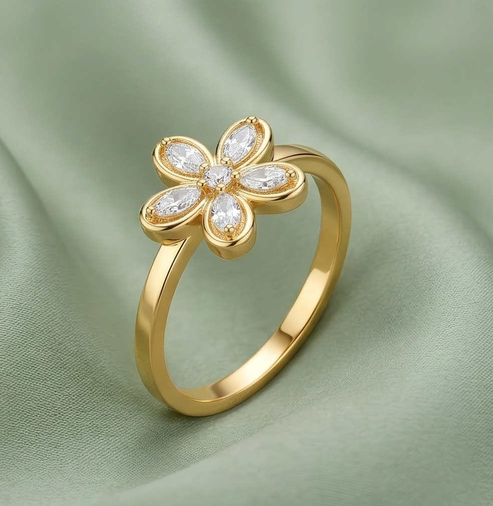 925 Sterling Silver Clear Floral Ring Yellow Gold Finish Jewellery for Women - Size 8