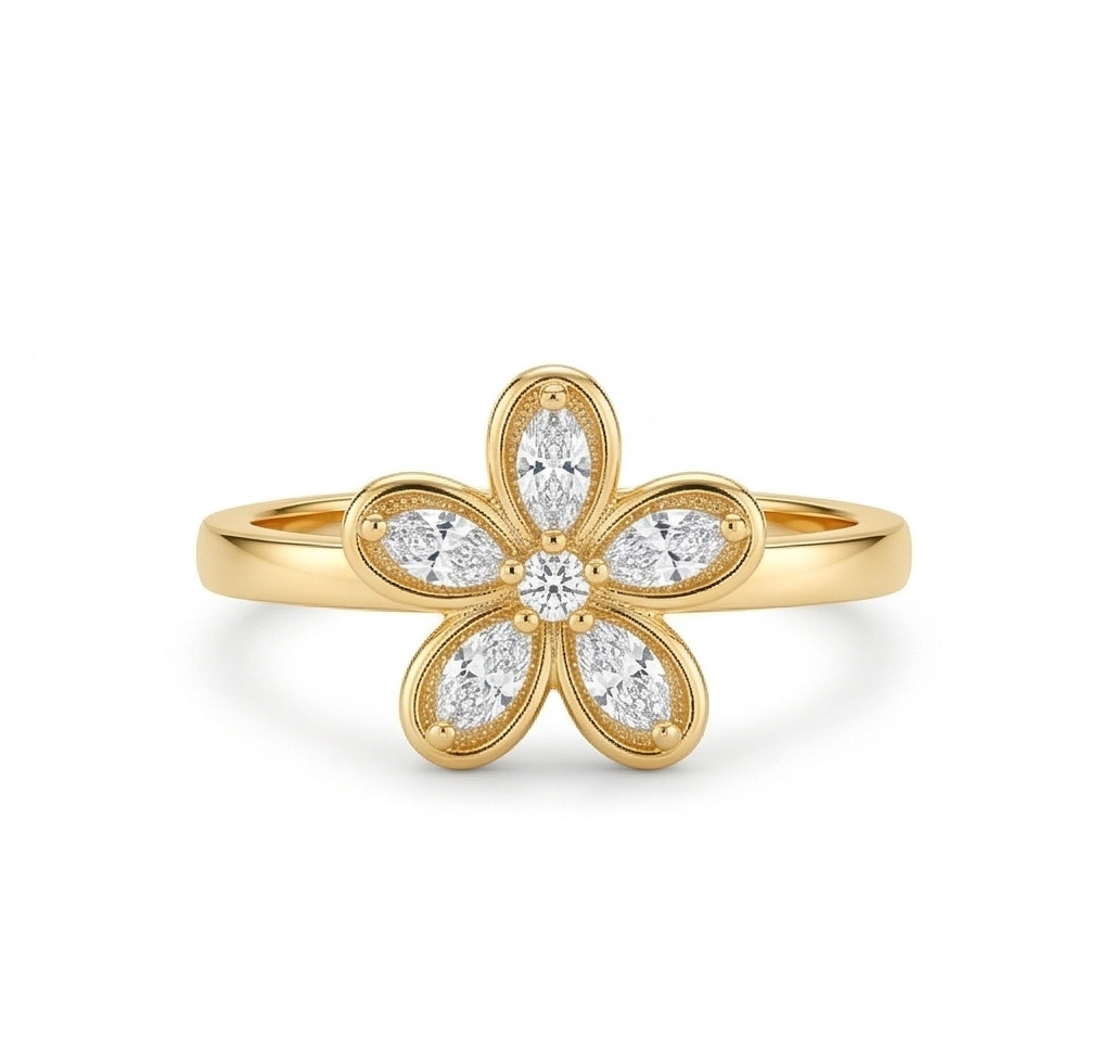 925 Sterling Silver Clear Floral Ring Yellow Gold Finish Jewellery for Women - Size 7