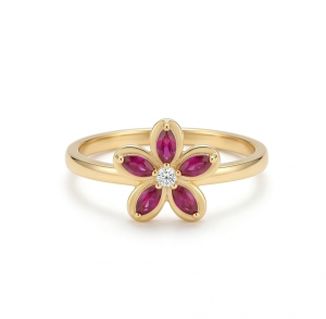 AGOR 925 Sterling Silver Red Floral Ring Yellow Gold Finish Jewellery for Women - Size 8