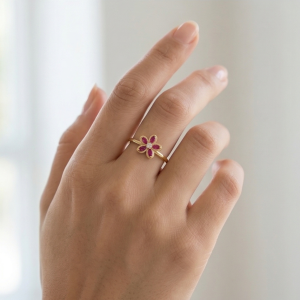 AGOR 925 Sterling Silver Red Floral Ring Yellow Gold Finish Jewellery for Women - Size 8