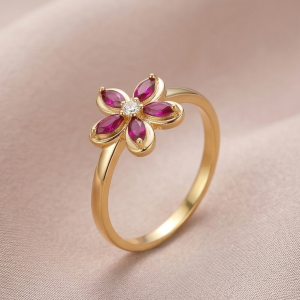 925 Sterling Silver Red Floral Ring Yellow Gold Finish Jewellery for Women - Size 8