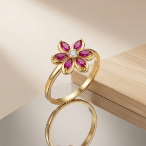 AGOR 925 Sterling Silver Red Floral Ring Yellow Gold Finish Jewellery for Women - Size 8
