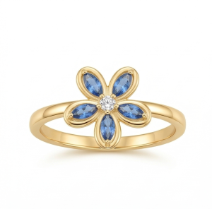 AGOR 925 Sterling Silver Blue Floral Ring Yellow Gold Finish Jewellery for Women - Size 7