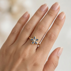 AGOR 925 Sterling Silver Blue Floral Ring Yellow Gold Finish Jewellery for Women - Size 7