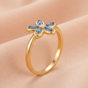 925 Sterling Silver Blue Floral Ring Yellow Gold Finish Jewellery for Women - Size 7