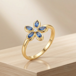 925 Sterling Silver Blue Floral Ring Yellow Gold Finish Jewellery for Women - Size 7