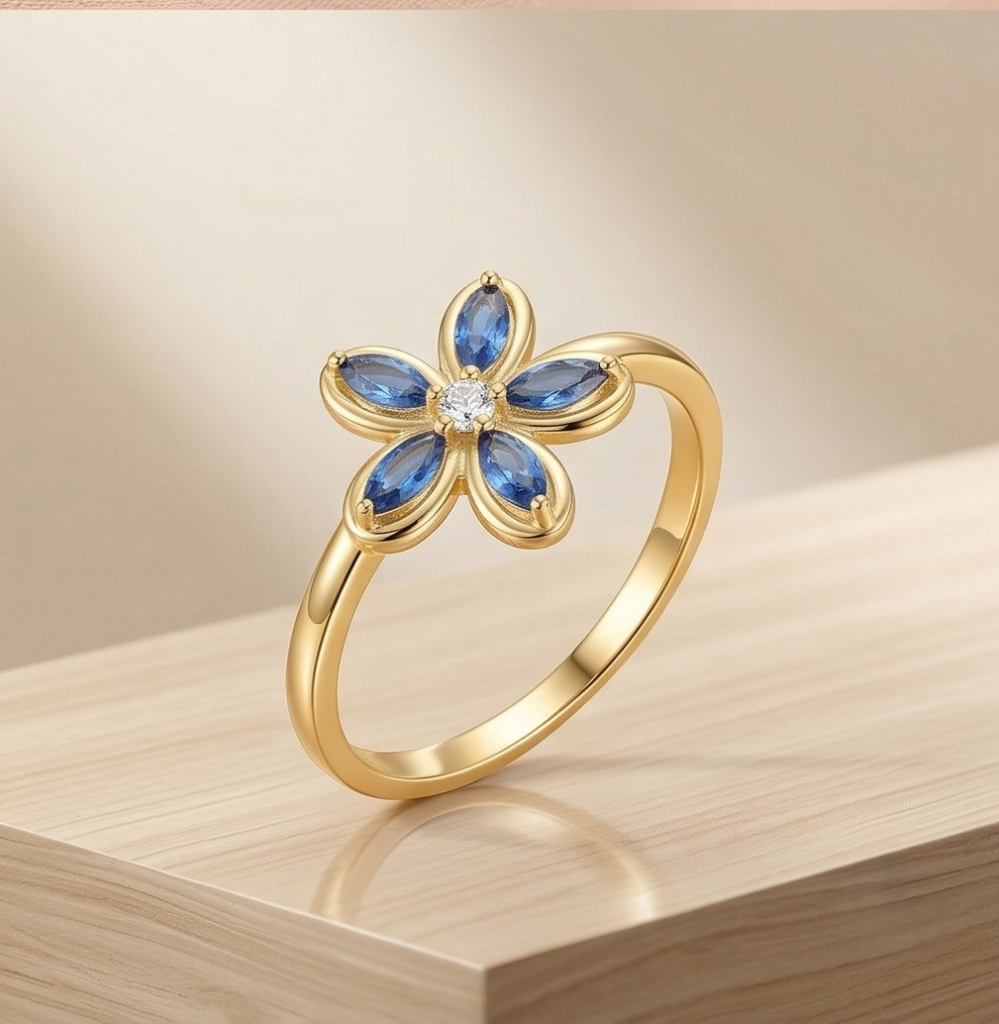AGOR 925 Sterling Silver Blue Floral Ring Yellow Gold Finish Jewellery for Women - Size 7