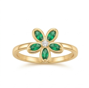 AGOR 925 Sterling Silver Green Floral Ring Yellow Gold Finish Jewellery for Women - Size 9