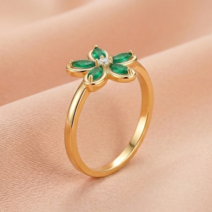 AGOR 925 Sterling Silver Green Floral Ring Yellow Gold Finish Jewellery for Women - Size 9