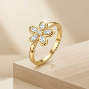 925 Sterling Silver Clear Floral Ring Yellow Gold Finish Jewellery for Women - Size 7
