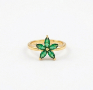 AGOR 925 Sterling Silver Green Starburst Floral Ring Yellow Gold Finish Jewellery for Women - Size 7