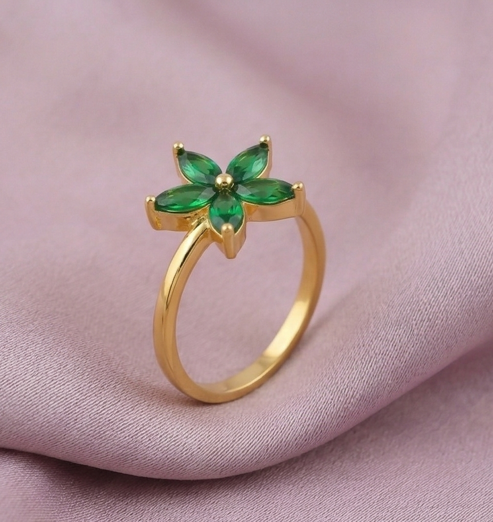 925 Sterling Silver Green Starburst Floral Ring Yellow Gold Finish Jewellery for Women - Size 7