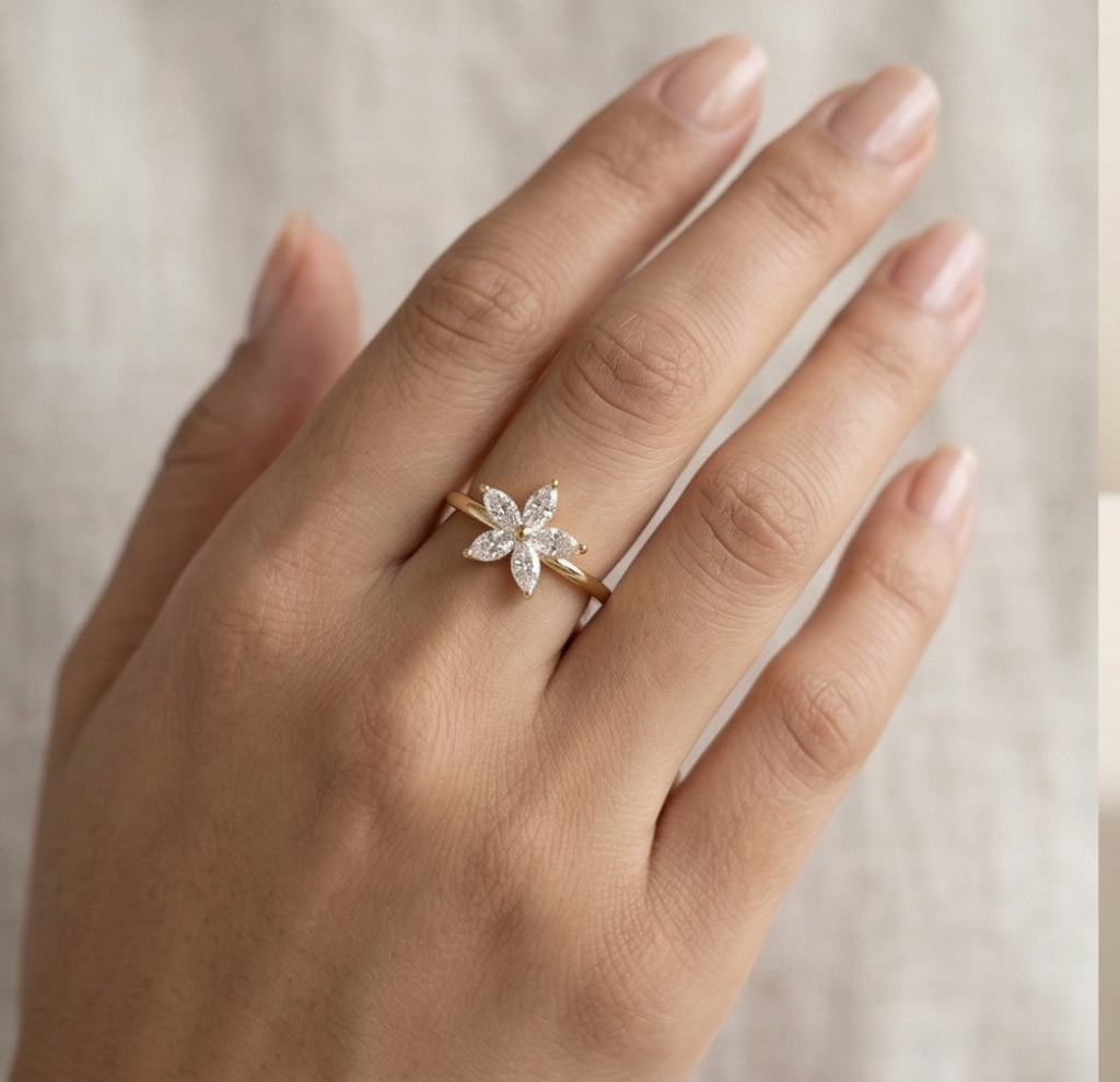 AGOR 925 Sterling Silver Clear Starburst Floral Ring Yellow Gold Finish Jewellery for Women - Size 8