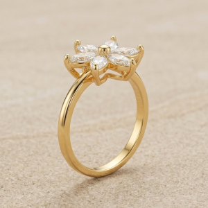 AGOR 925 Sterling Silver Clear Starburst Floral Ring Yellow Gold Finish Jewellery for Women - Size 8
