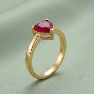 AGOR 925 Sterling Silver Red Heart Solitaire Ring Yellow Gold Finish Jewellery for Women - Size 7