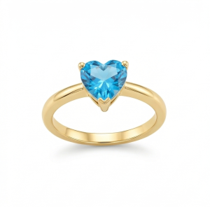 AGOR 925 Sterling Silver Blue Heart Solitaire Ring Yellow Gold Finish Jewellery for Women - Size 8