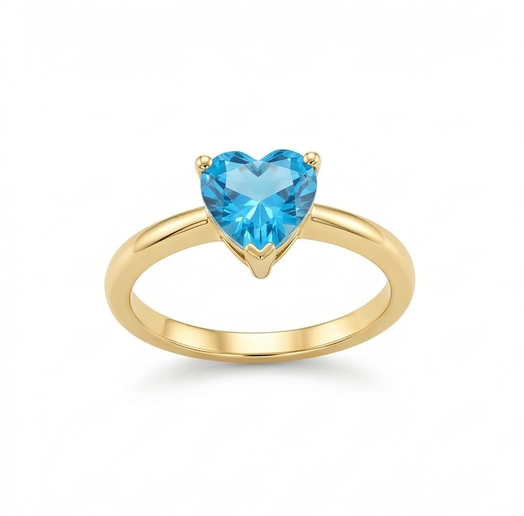 925 Sterling Silver Blue Heart Solitaire Ring Yellow Gold Finish Jewellery for Women - Size 8