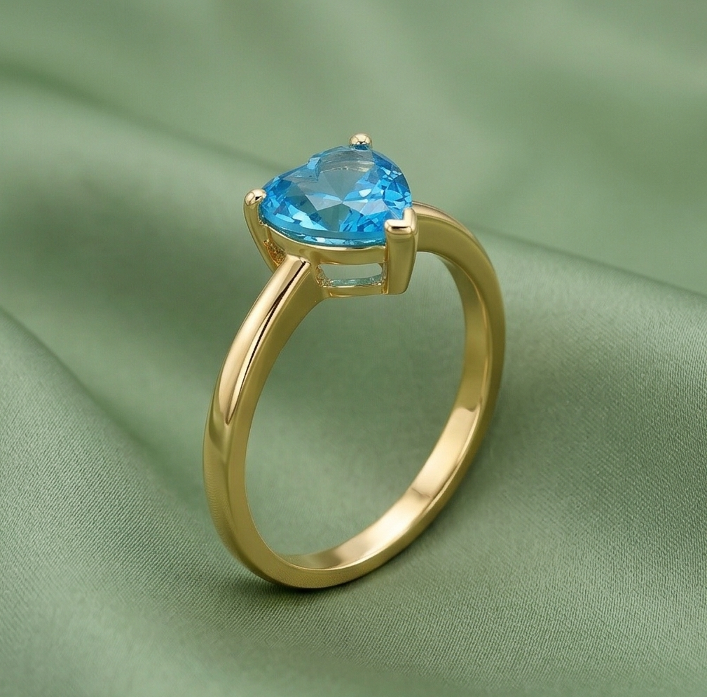 925 Sterling Silver Blue Heart Solitaire Ring Yellow Gold Finish Jewellery for Women - Size 8