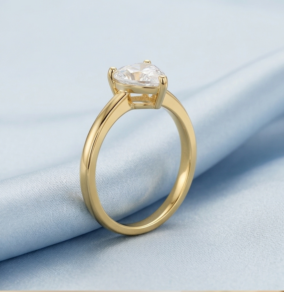 AGOR 925 Sterling Silver Clear Heart Solitaire Ring Yellow Gold Finish Jewellery for Women - Size 6