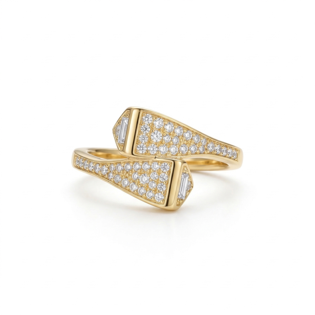 AGOR 925 Sterling Silver Clear Stone Geometric Bypass Ring Yellow Gold Finish Jewellery for Women - Size 8
