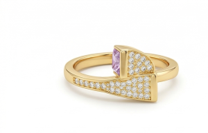 AGOR 925 Sterling Silver Pink Stone Geometric Bypass Ring Yellow Gold Finish Jewellery for Women - Size 7