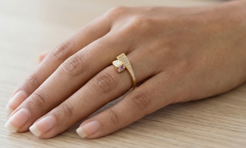 AGOR 925 Sterling Silver Pink Stone Geometric Bypass Ring Yellow Gold Finish Jewellery for Women - Size 7
