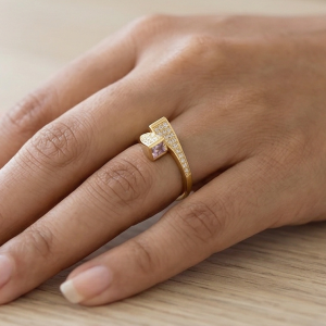 925 Sterling Silver Pink Stone Geometric Bypass Ring Yellow Gold Finish Jewellery for Women - Size 7