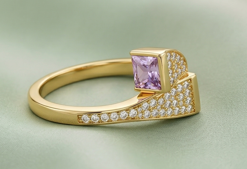 AGOR 925 Sterling Silver Pink Stone Geometric Bypass Ring Yellow Gold Finish Jewellery for Women - Size 7