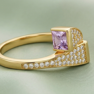 925 Sterling Silver Pink Stone Geometric Bypass Ring Yellow Gold Finish Jewellery for Women - Size 7
