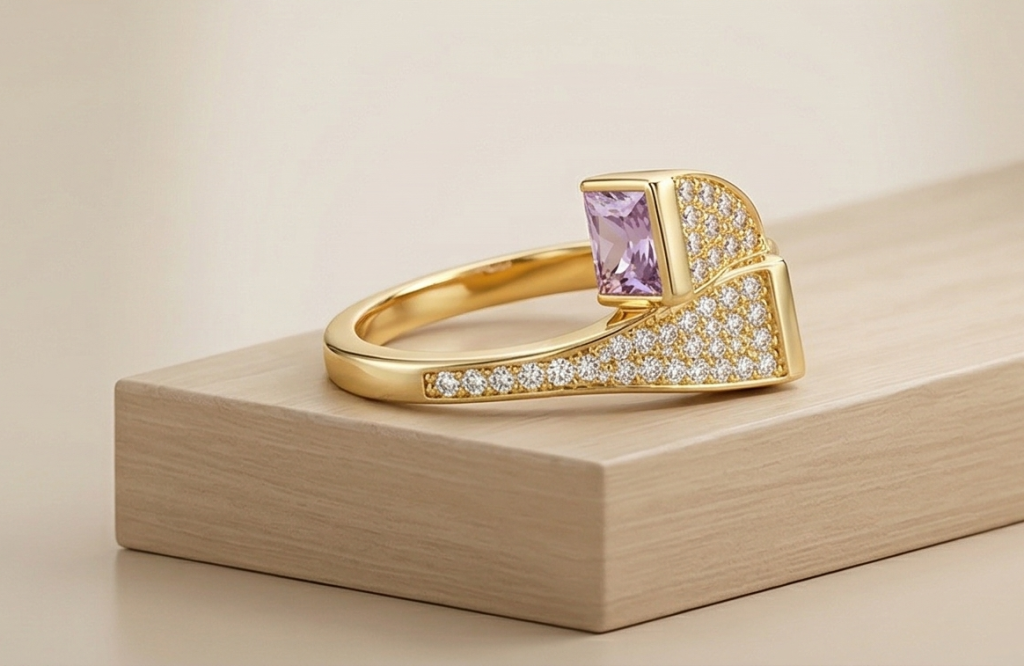AGOR 925 Sterling Silver Pink Stone Geometric Bypass Ring Yellow Gold Finish Jewellery for Women - Size 7