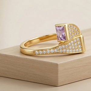 925 Sterling Silver Pink Stone Geometric Bypass Ring Yellow Gold Finish Jewellery for Women - Size 7