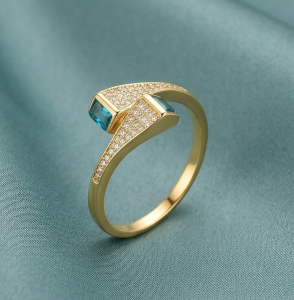 AGOR 925 Sterling Silver Blue Stone Bypass Ring Yellow Gold Finish Jewellery for Women - Size 7
