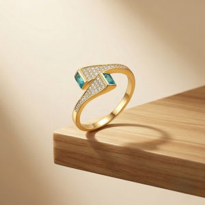 AGOR 925 Sterling Silver Blue Stone Bypass Ring Yellow Gold Finish Jewellery for Women - Size 7