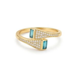 925 Sterling Silver Blue Stone Bypass Ring Yellow Gold Finish Jewellery for Women - Size 7