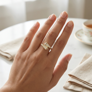 AGOR 925 Sterling Silver Clear Stone Geometric Bypass Ring Yellow Gold Finish Jewellery for Women - Size 6
