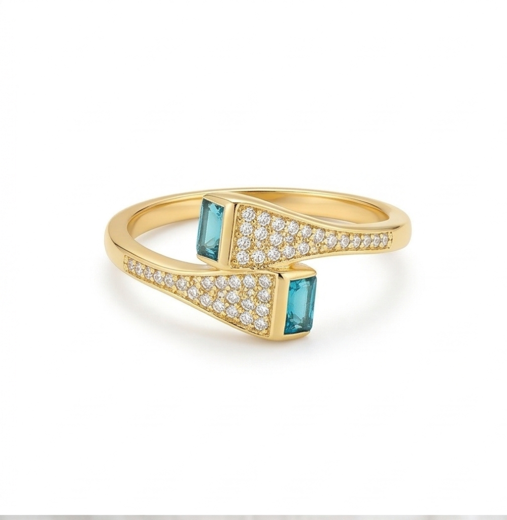 AGOR 925 Sterling Silver Blue Stone Bypass Ring Yellow Gold Finish Jewellery for Women - Size 9