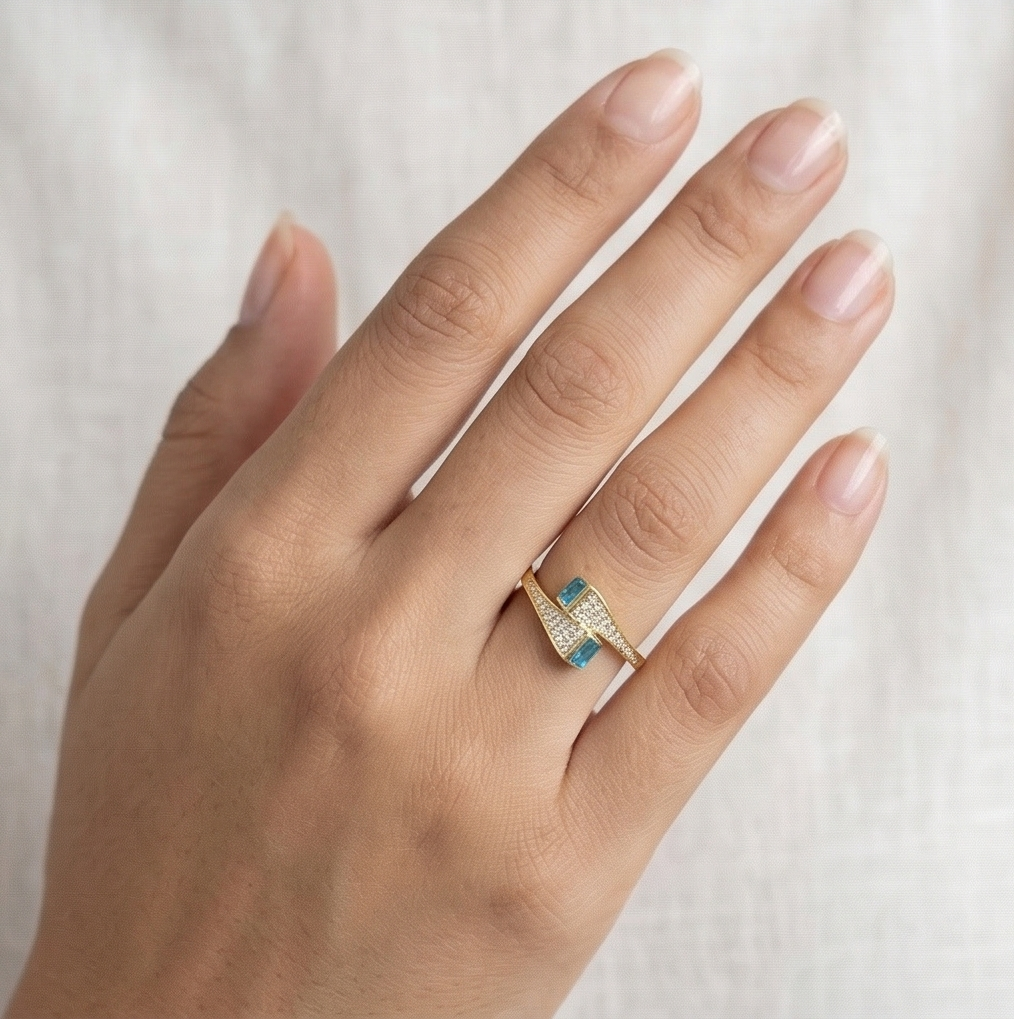 925 Sterling Silver Blue Stone Bypass Ring Yellow Gold Finish Jewellery for Women - Size 9